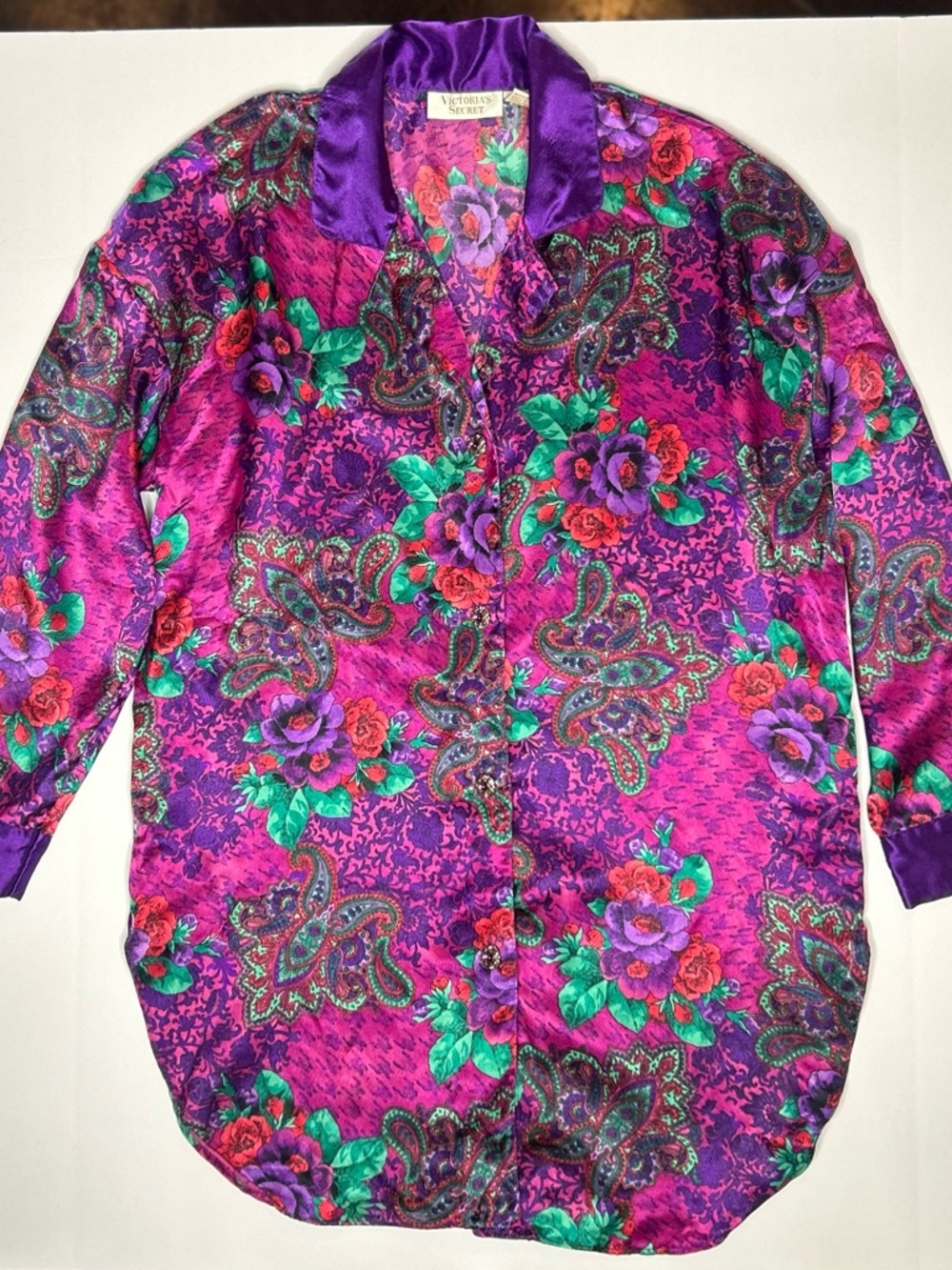 Vintage 90’s Victoria's Secret Purple Floral Paisley Satin Jewel Button Shirt S
